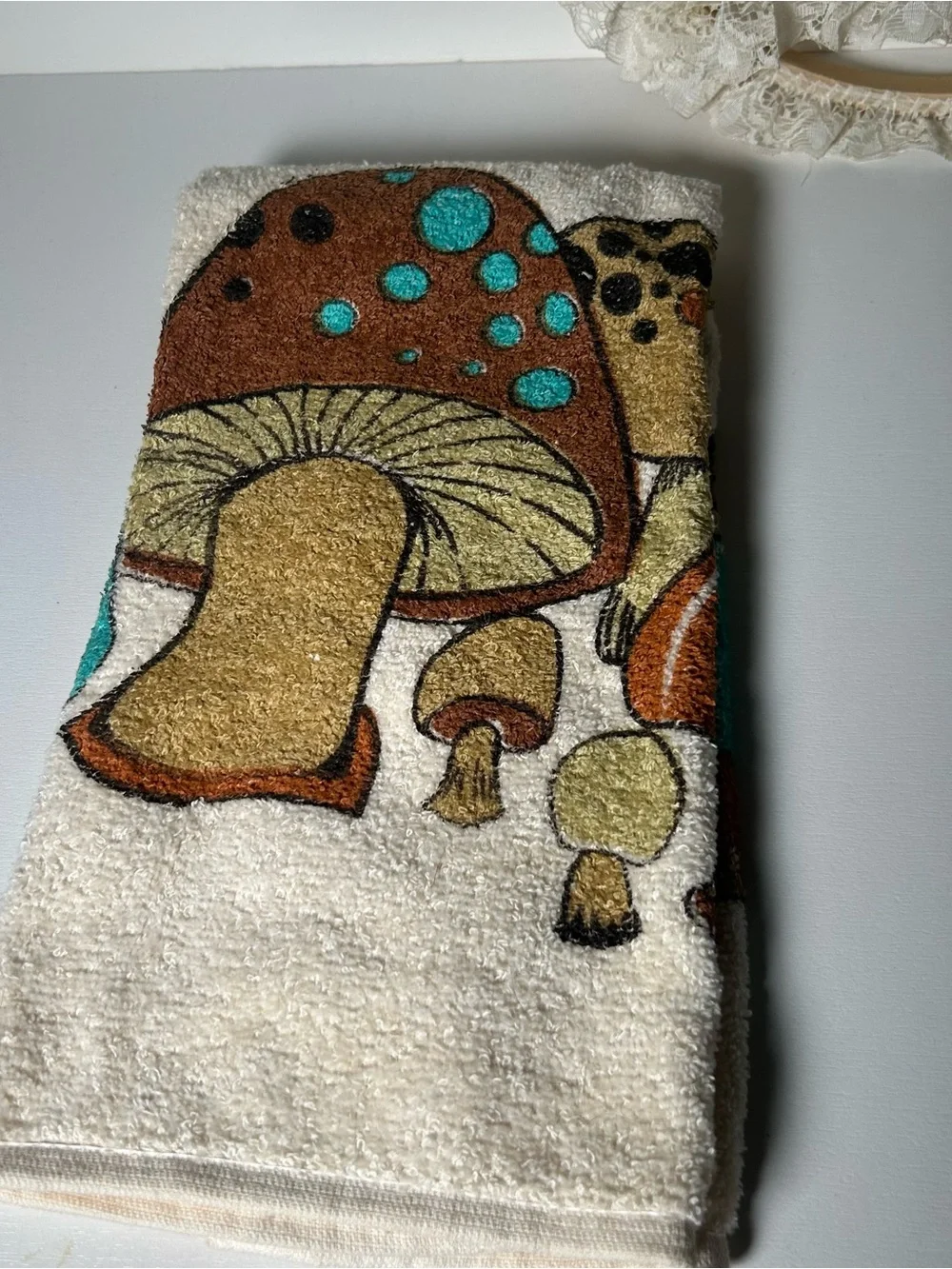 Vintage 70s Cannon Mushroom Hand Towel + Handmade Holder Retro Boho MCM Decor